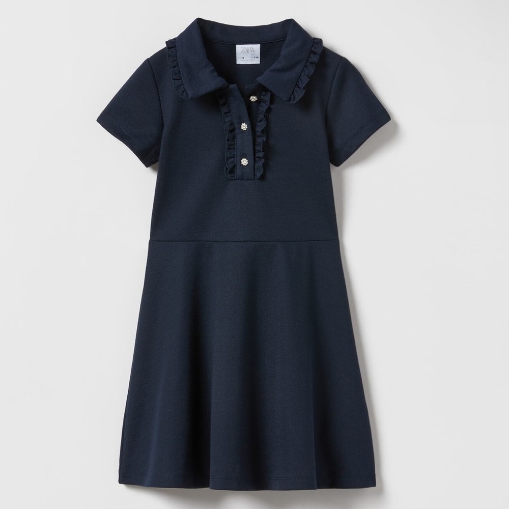 Zara Blue Ribbed Polo Collar A-Line Dress Casual